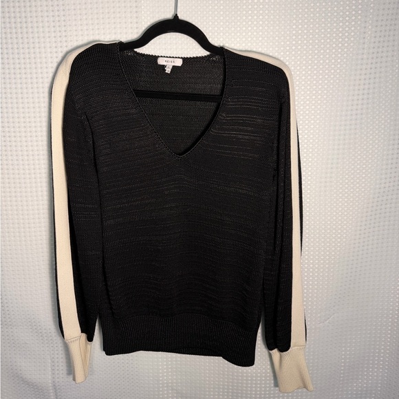 REISS Black V-Neck Knit Sweater w/ Contrast Stripe Sleeves | Size L | - Picture 6 of 8